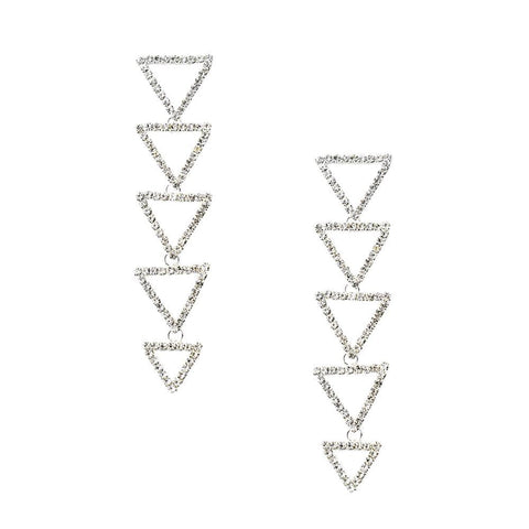 Five Triangle Rhinestone Drop Earrings, Silver, 3-1/2-Inch