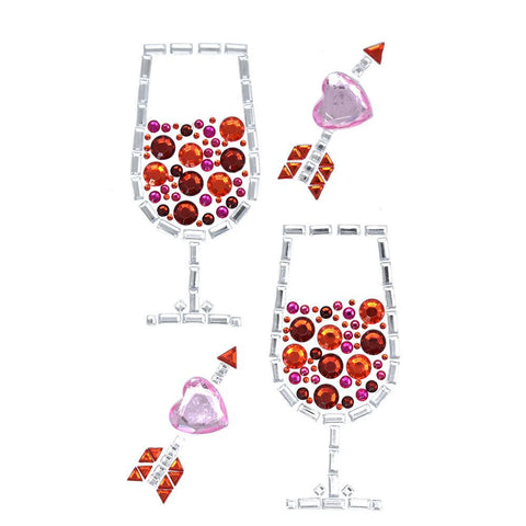 Red Wine Glass and Hearts Rhinestone Stickers, Assorted, 4-Piece