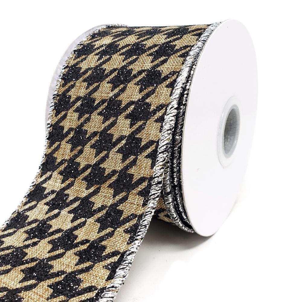 Faux Burlap Glittered Houndstooth Wired Ribbon, 2-1/2-Inch, 10-Yard