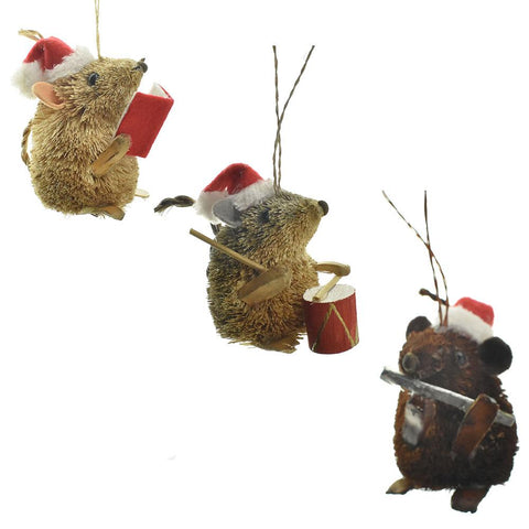 Buri Bristle Caroling Mice Ornaments, 3-Inch, 3-Piece