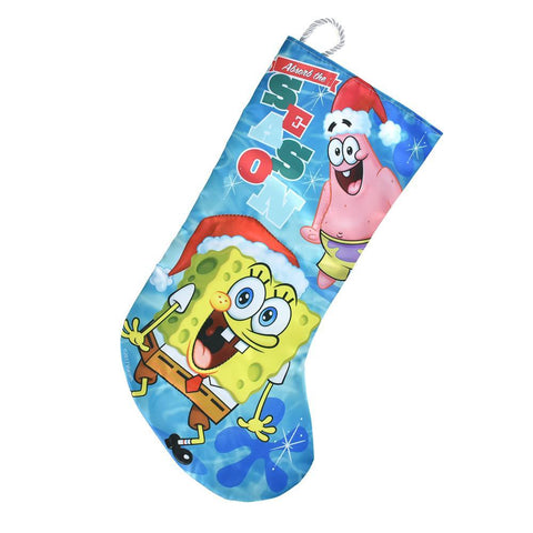 Spongebob and Patrick Star with Santa Hats Satin Christmas Stocking, Blue, 17-1/2-Inch