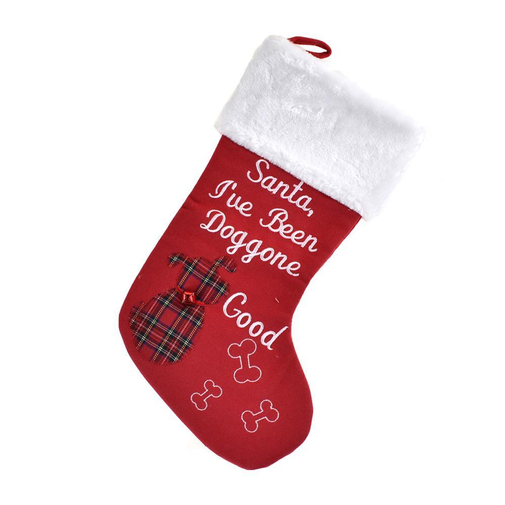 Plaid Dog with Bell Felt Christmas Stocking with Faux Fur Cuff, Red, 17-1/2-Inch