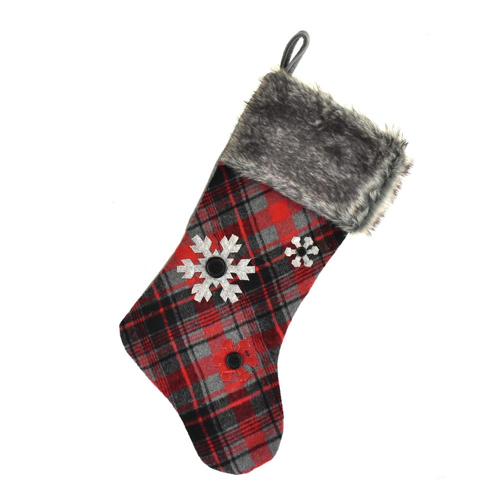 Hanging Felt Plaid Snowflake Christmas Stocking with Faux Fur Cuff, Red/Black, 18-inch