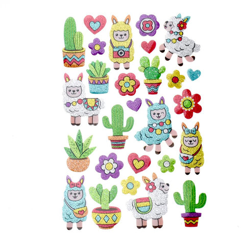 Shimmering Llama 3D Glitter Foam Stickers, 27-Piece