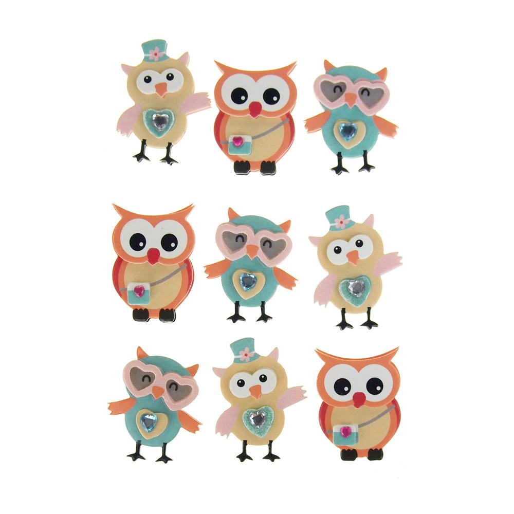 Owl Frenzy 3D Handmade Stickers, 9-Count