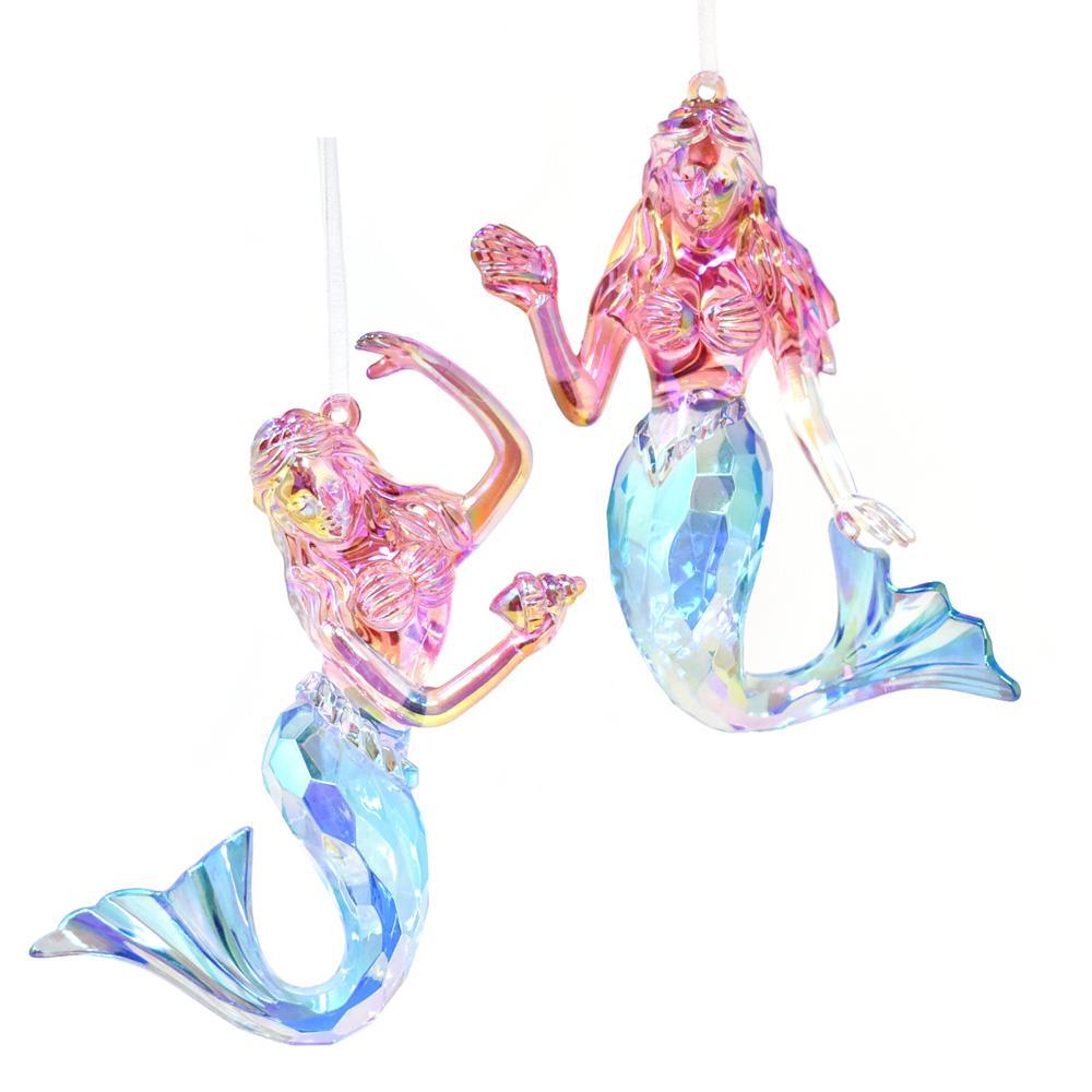 Acrylic Mermaid with Seashell Christmas Ornaments, Pink/Blue, 4-1/4-Inch, 2-Piece