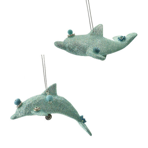 Dolphin with Glitter and Beads Ornaments, Aqua, 4-Inch, 2-Piece