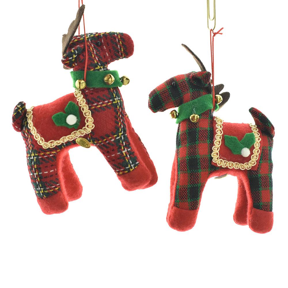 Plaid Reindeer with Jingle Bells Ornaments, 6-1/2-Inch, 2-Piece