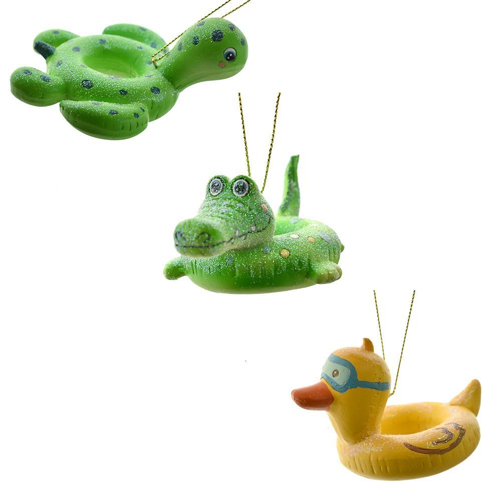 Turtle, Crocodile and Duck Floaty Ornaments, 3-Inch, 3-Piece
