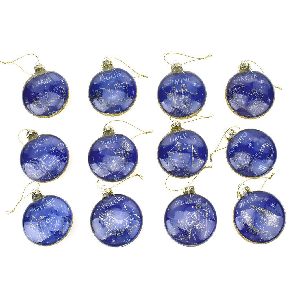 Glass Zodiac Glitter Ornaments, 3-1/4-Inch, 12-Piece