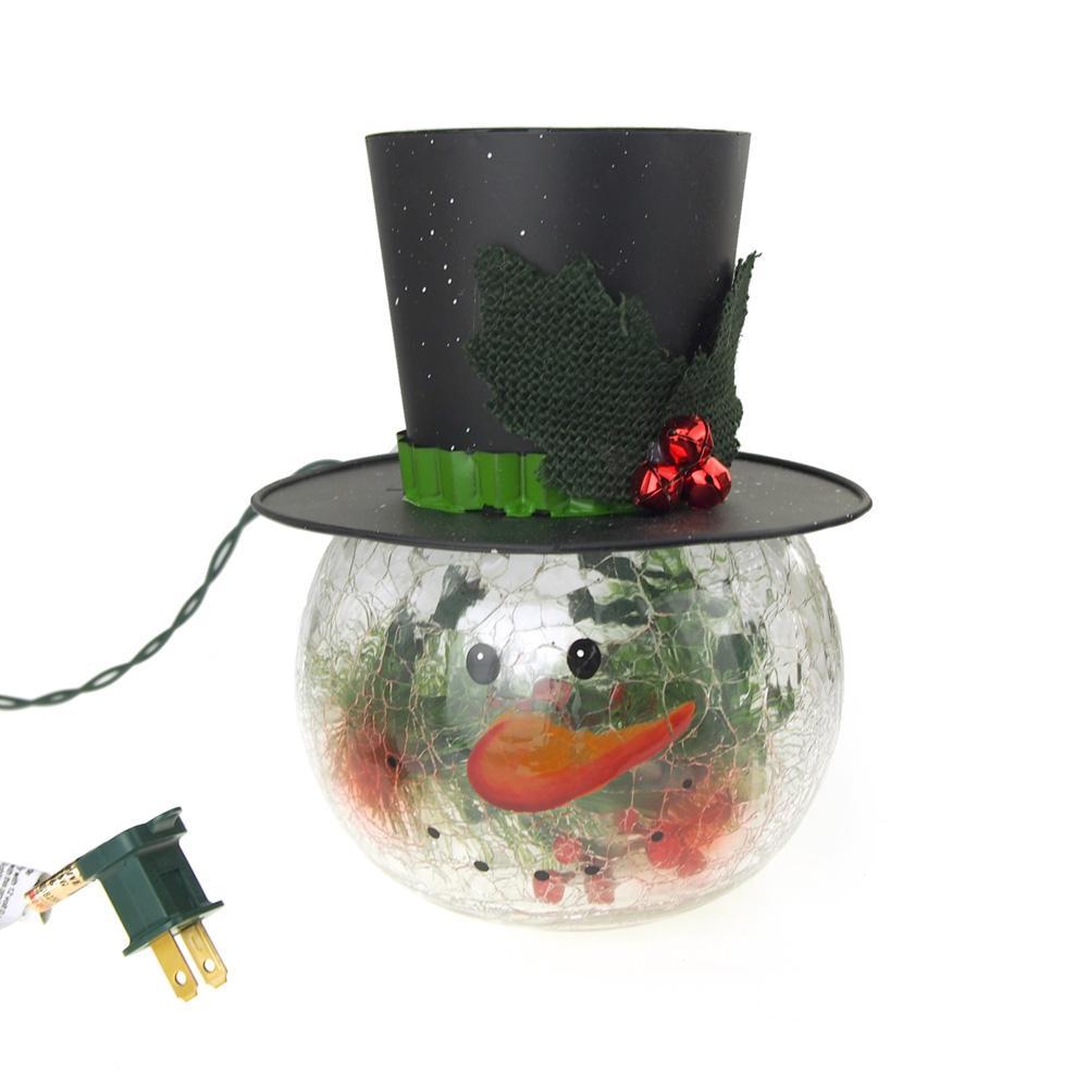 LED Glass Blushing Snowman Head with Top Hat Mistletoe Holiday Decor, Clear, 8-Inch