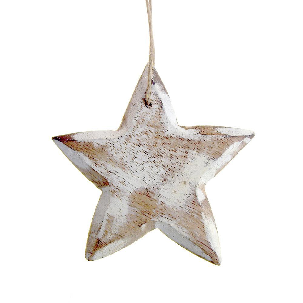 Hanging Wooden Star Christmas Tree Ornament, White, 3-1/2-Inch