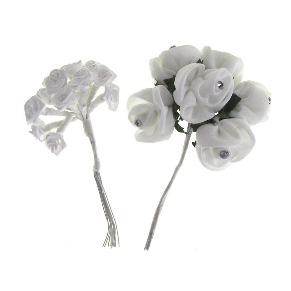 Fabric Rose Flowers Branch, White, 4-Inch, 2-Piece