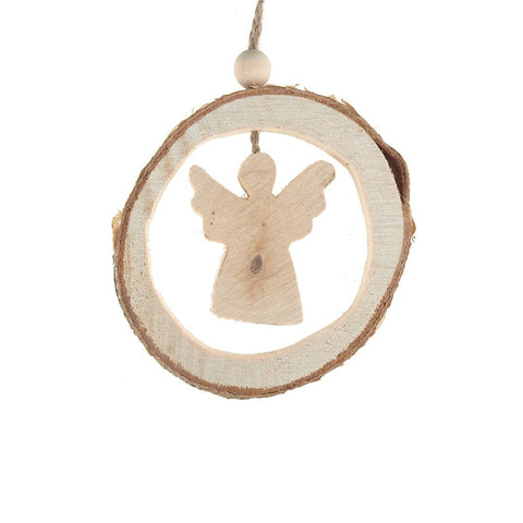 Carved Wood Angel Round Hanging Christmas Tree Ornament, Natural, 4-Inch