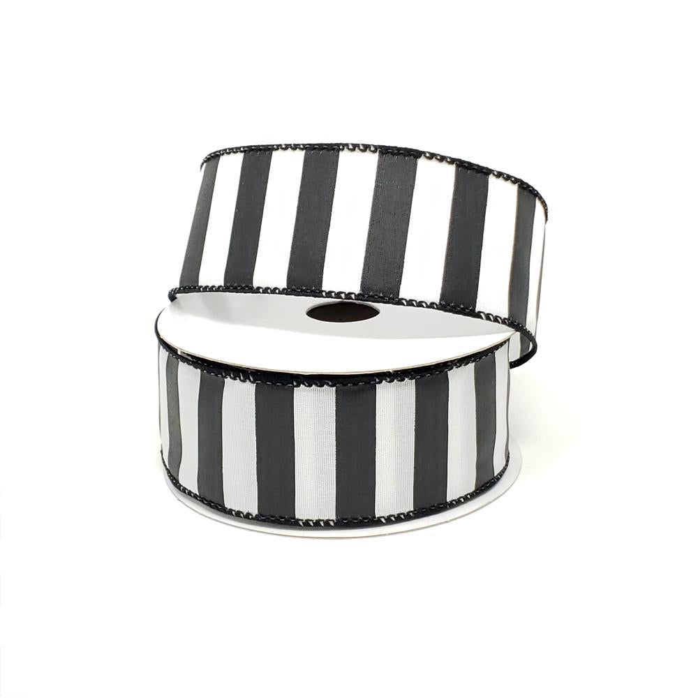Christmas Stripes Satin Wired Edge Ribbon, Black/White, 10-Yard