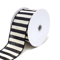 Christmas Stripes Canvas Wired Edge Ribbon, Black/Ivory, 10-Yard