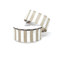 Christmas White Horizontal Stripes Linen Ribbon, Light Natural, 10-Yard