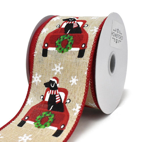 Cozy Labrador in Red Truck Wired Edge Linen Christmas Ribbon, Natural, 2-1/2-Inch, 10-Yard