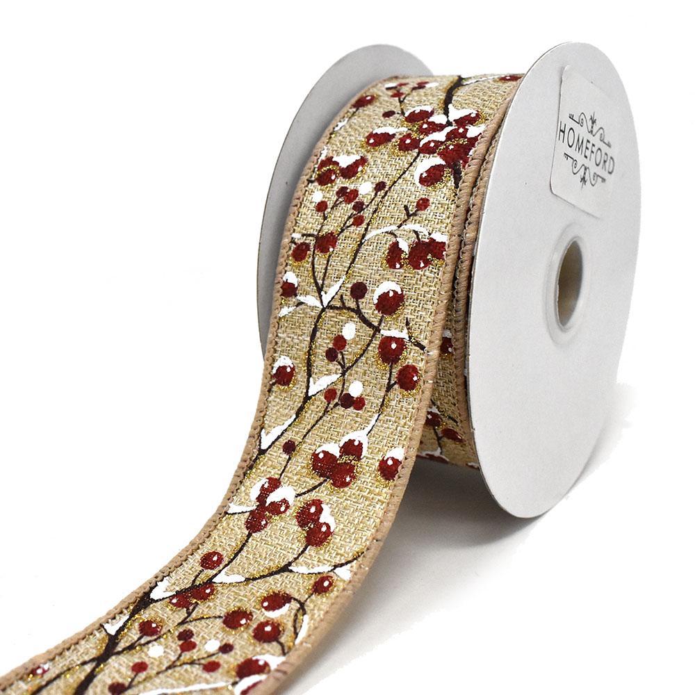 Natural Linen Berries and Snow Wired Ribbon, 1-1/2-Inch, 10-Yard