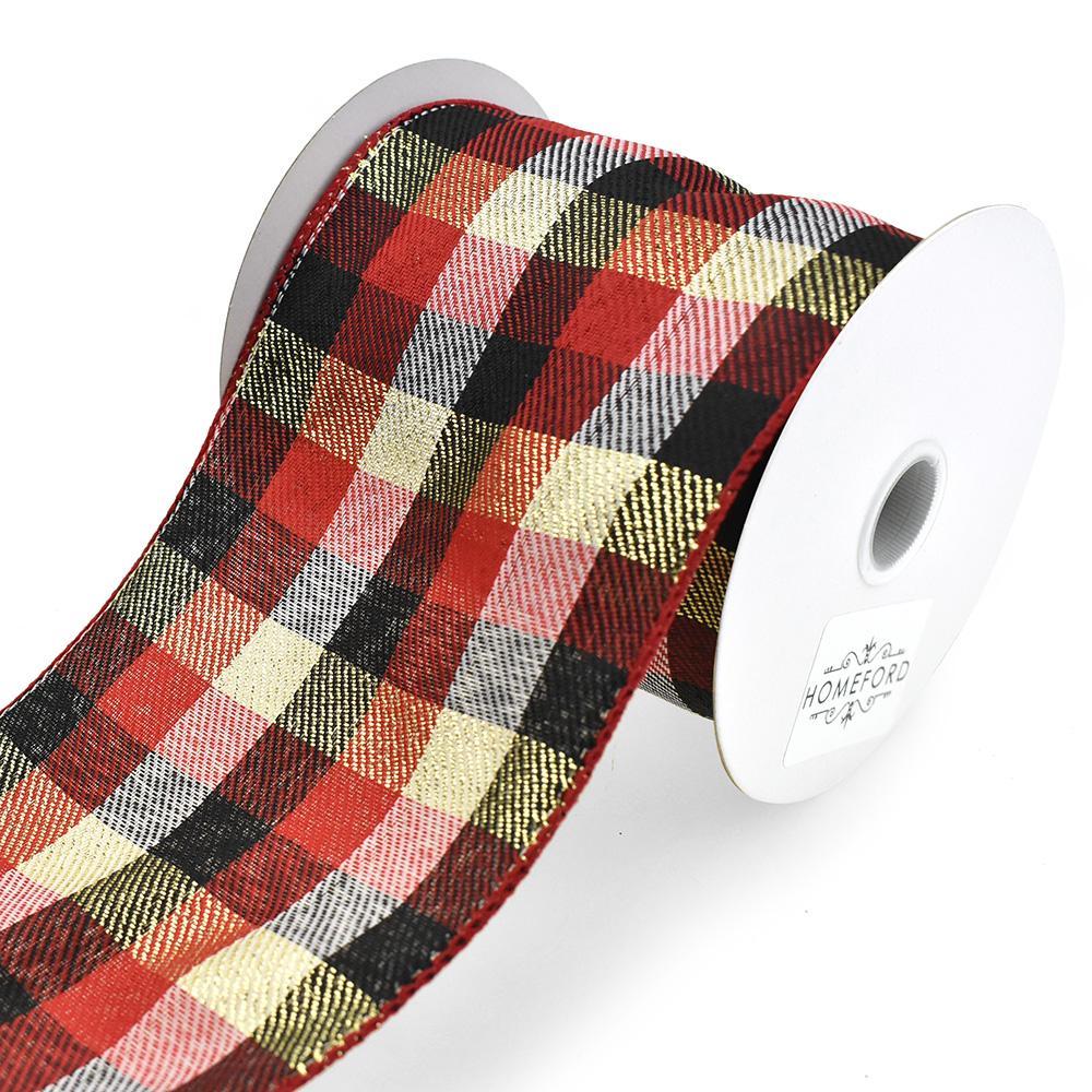 Flannel Plaid Wired Ribbon, Red/Black/Gold, 4-Inch, 10-Yard