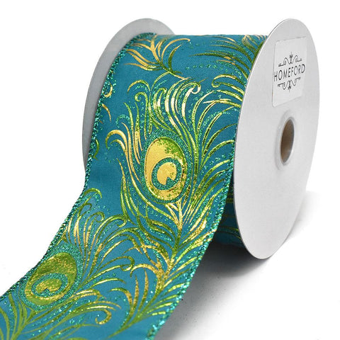 Gold Embossed Peacock Feathers Wired Ribbon, 2-1/2-Inch, 10-Yard