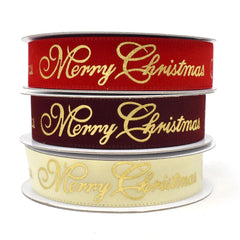 Velvet and Gold Embossed "Merry Christmas" Wired Ribbon, 7/8-Inch, 10-Yard