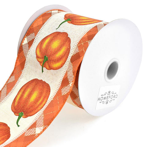 Natural Linen Pumpkins and Plaid Edge Wired Ribbon, 4-Inch, 10-Yard