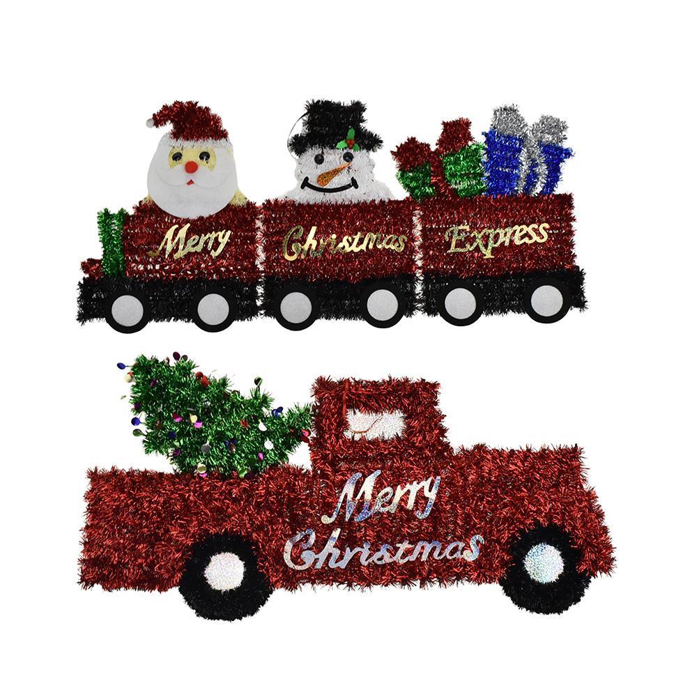 Christmas Pickup Truck and Character Train Tinsel Decoration Set, 25-Inch, 2-Piece