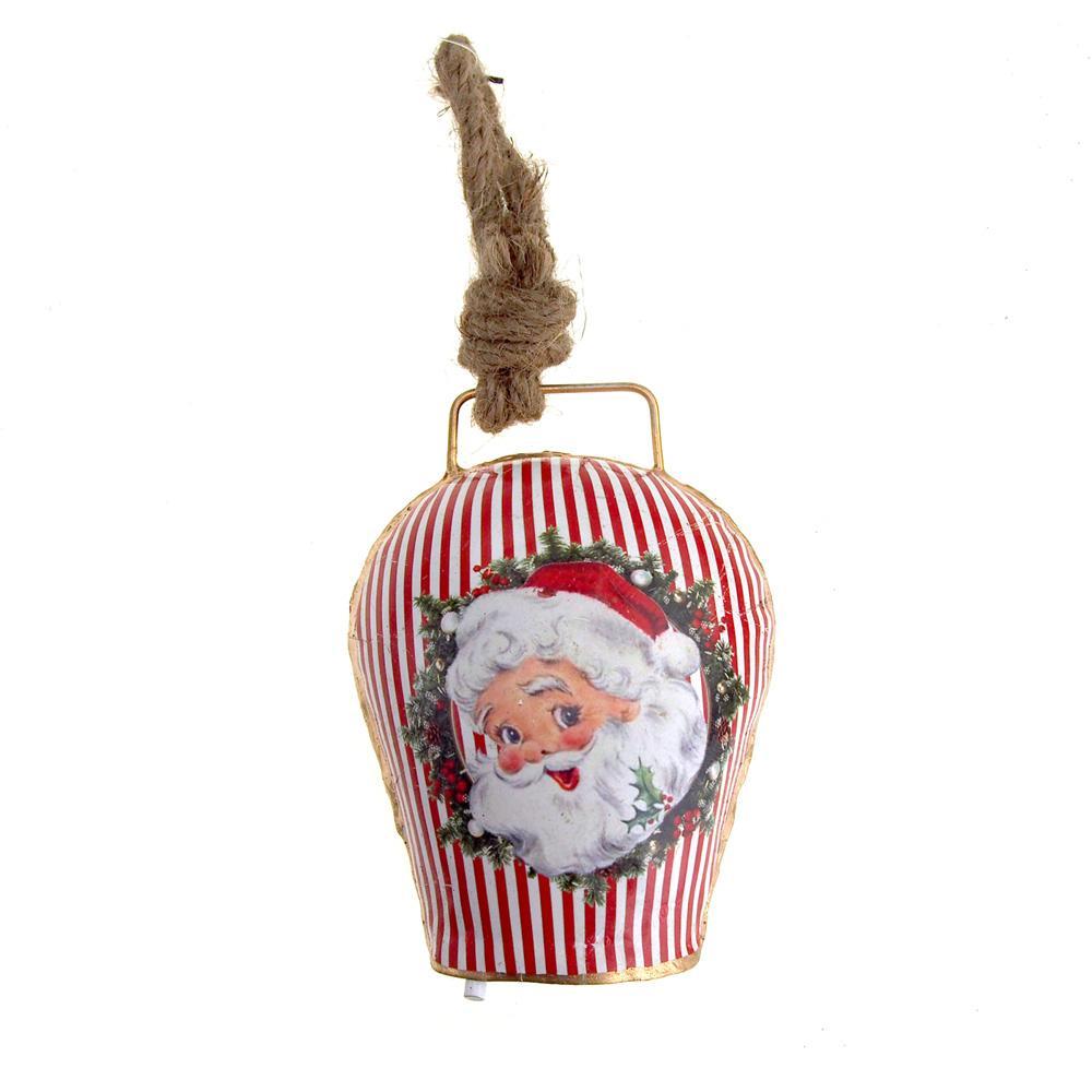 Hanging Tin Bell Santa Smiling Christmas Ornament, Red, 5-Inch