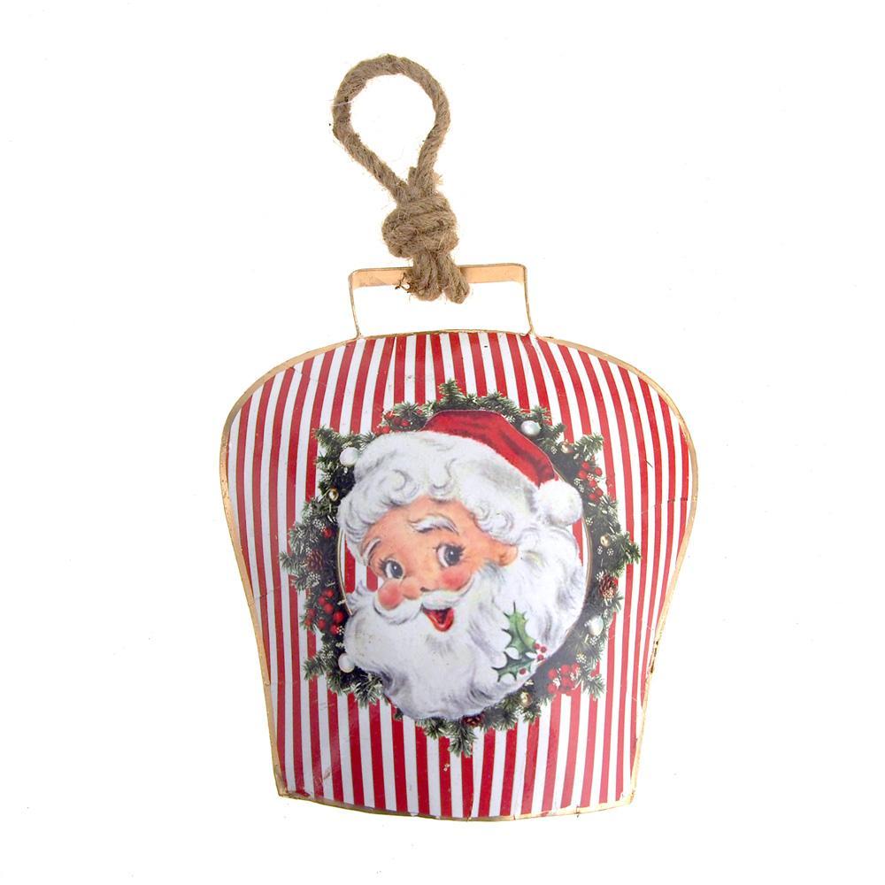 Hanging Tin Bell Santa Smiling Christmas Ornament, Red, 7-1/2-Inch
