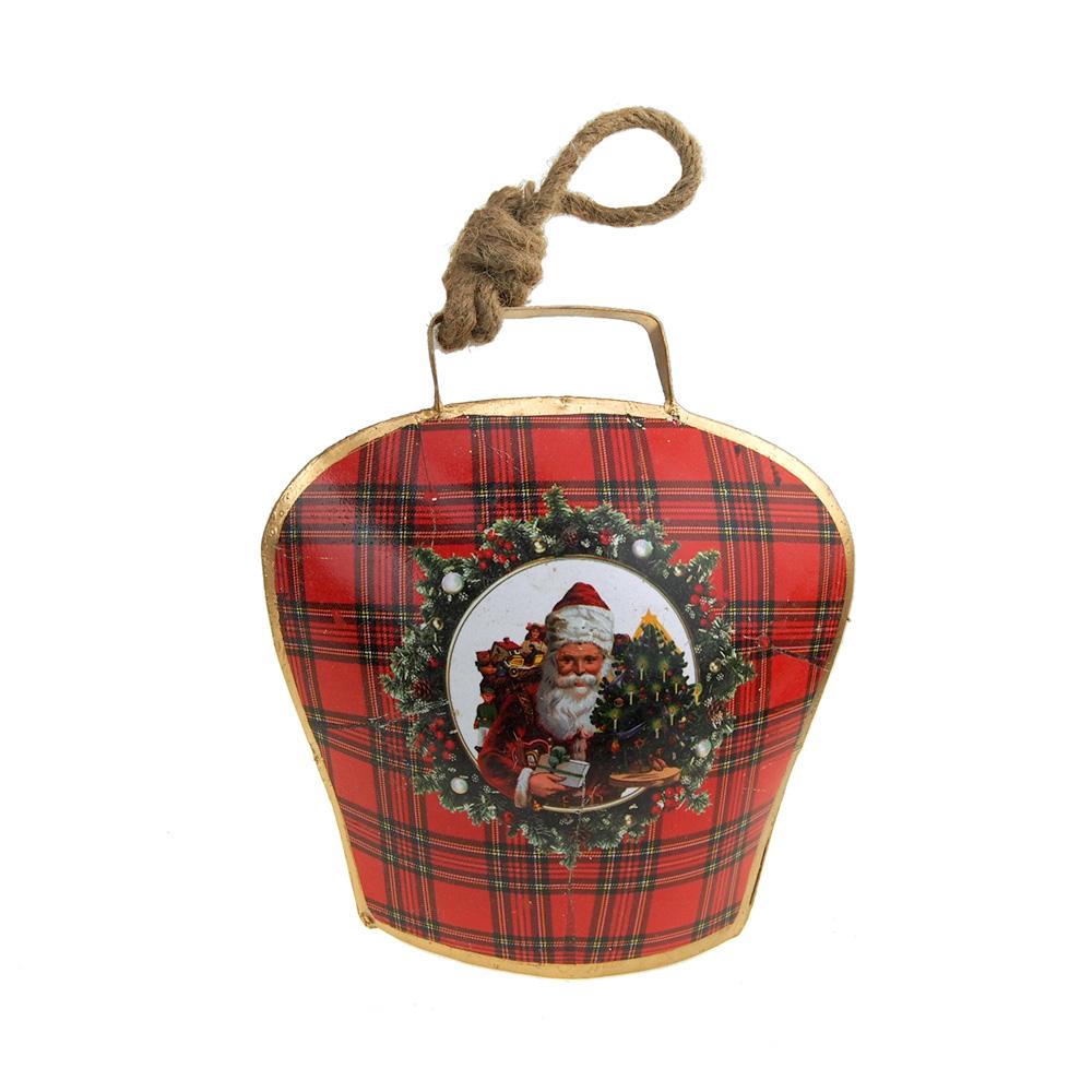 Hanging Tin Bell Santa with Gifts Christmas Ornament, Red, 7-1/2-Inch