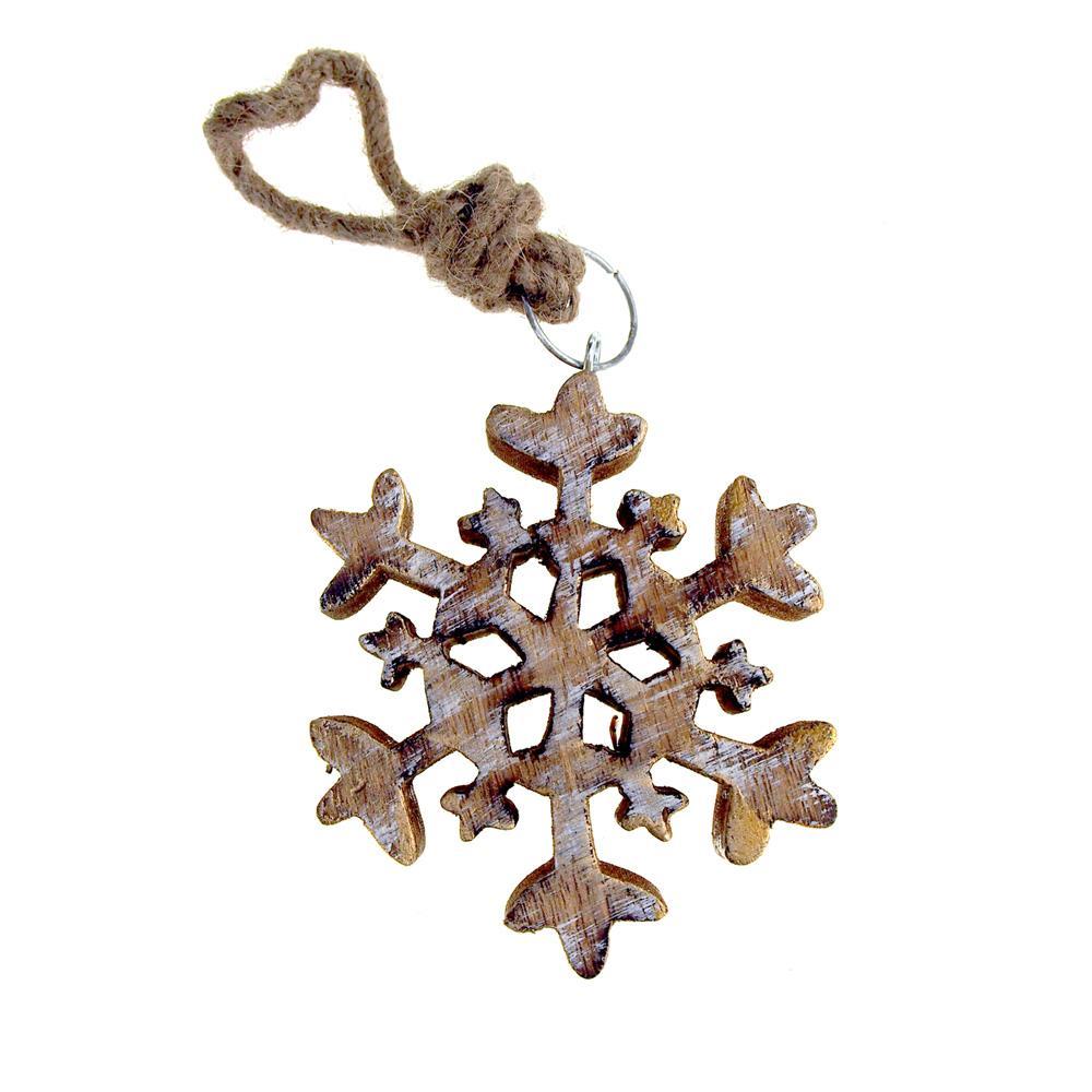 Hanging Wooden Stellar Dendrite Snowflake Christmas Tree Ornament, Gold, 4-1/2-Inch