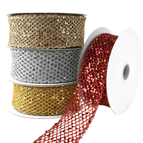 Christmas Dazzling Glitter Chunk Netting Wired Ribbon, 10-yard