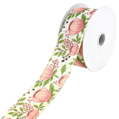 Blooming Peonies and Cotton Plant Wired Ribbon, 10-yard