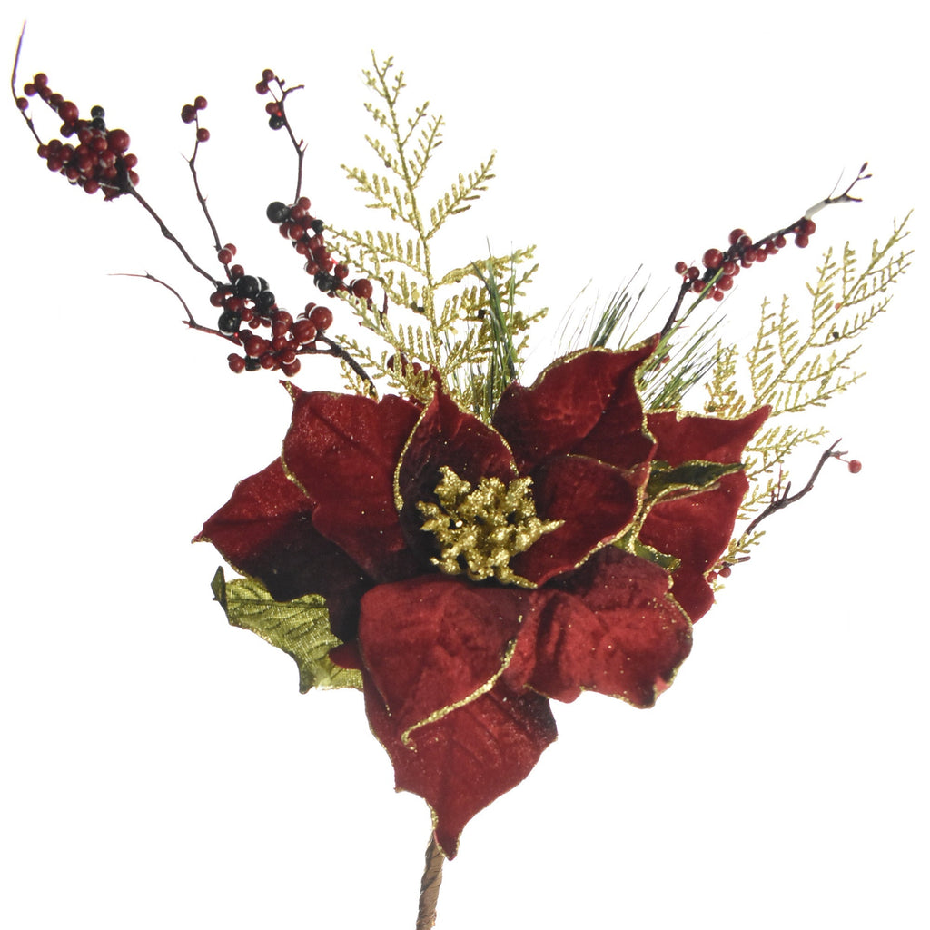 Artificial Velvet Poinsettia, Berries, and Pine Pick, 17-Inch