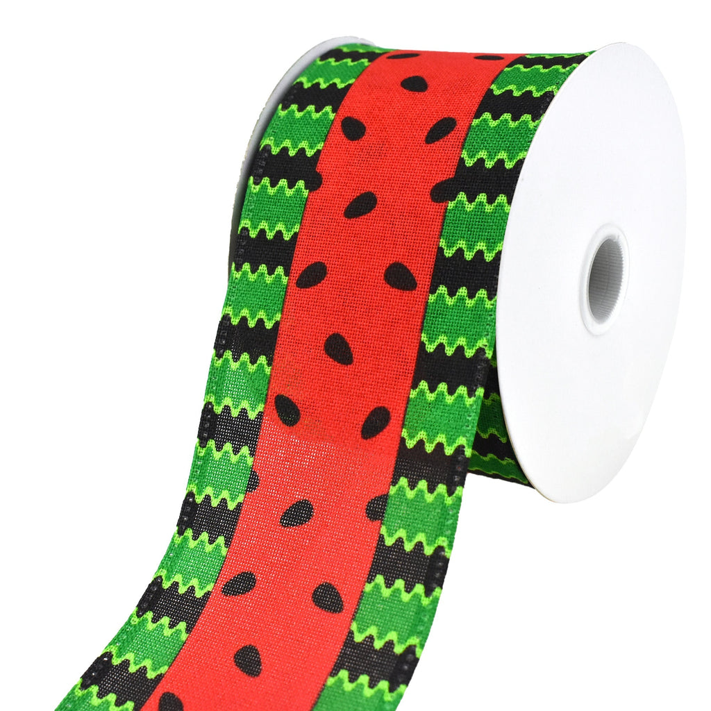 Watermelon Stripes Faux Linen Wired Ribbon, 2-1/2-Inch, 10-Yard