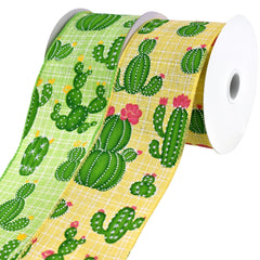 Blooming Cactus Faux Linen Wired Ribbon, 10-yard