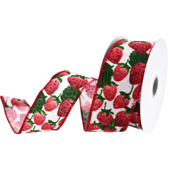 Fresh Spring Strawberries Faux Linen Wired Ribbon, 1-1/2-inch, 10-yard