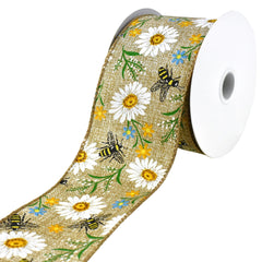Printed Bees and Spring Flowers Wired Ribbon, 10-yard
