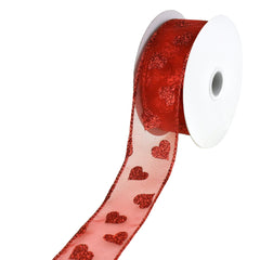 Sheer Organza Glitter Hearts Valentine's Day Wired Ribbon, 1-1/2-Inch, 10-Yard