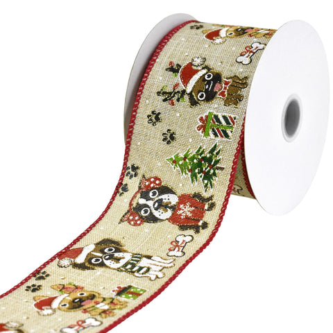 Dogs and Christmas Presents Faux Linen Wired Ribbon, 2-1/2-inch, 10-yard