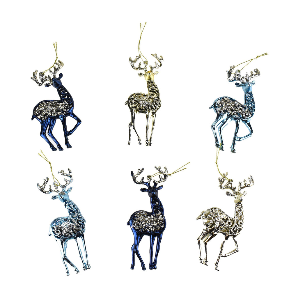 Metallic and Glitter Deer Ornaments, Navy Blue, 5-1/2-Inch, 12-Piece