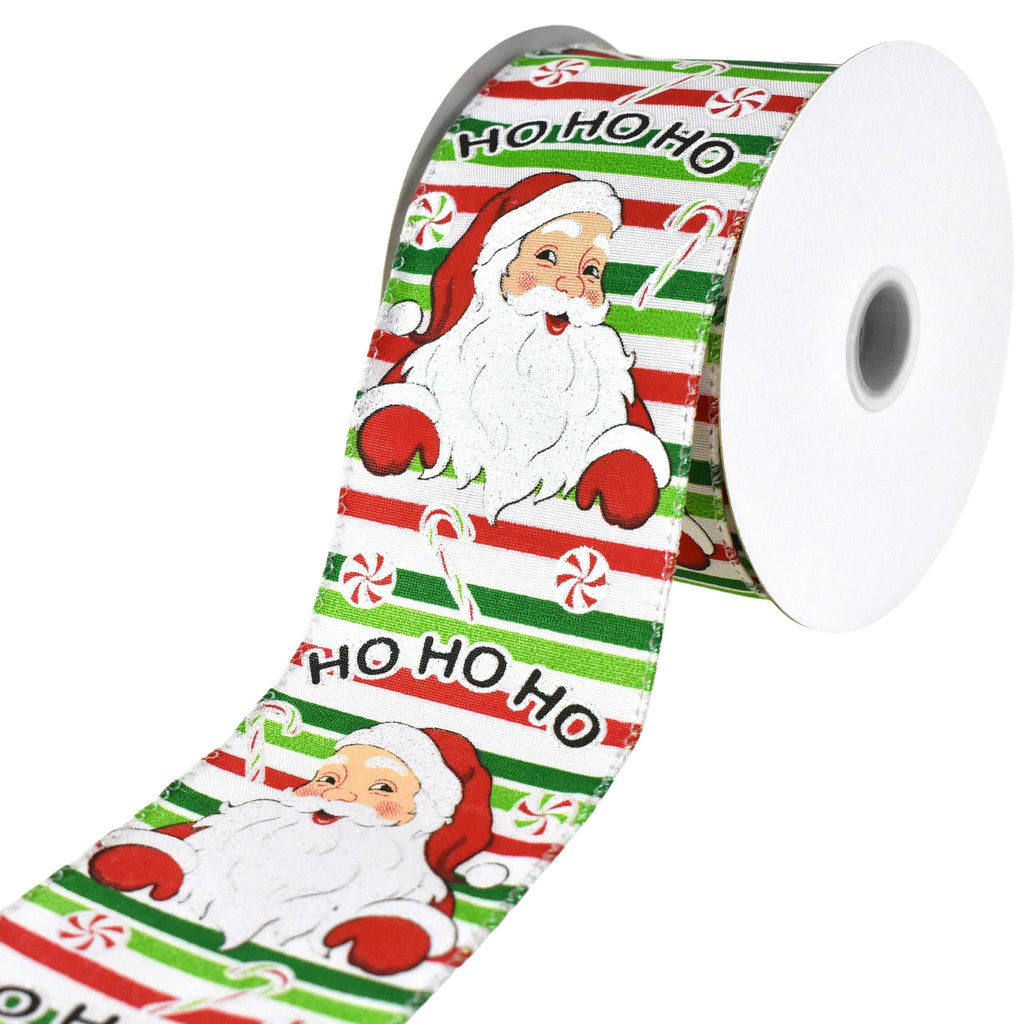 Christmas Glittered Santa Candy Stripes Wired Ribbon, 2-1/2-inch, 10-yard