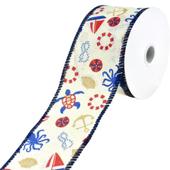Nautical Seaside Icons Faux Linen Wired Ribbon, 2-1/2-Inch, 10-Yard