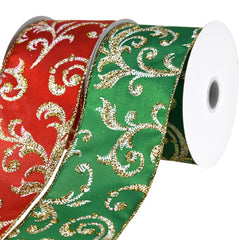 Christmas Scroll Filigree Glittered Satin Wired Ribbon, 2-1/2-inch, 10-yard