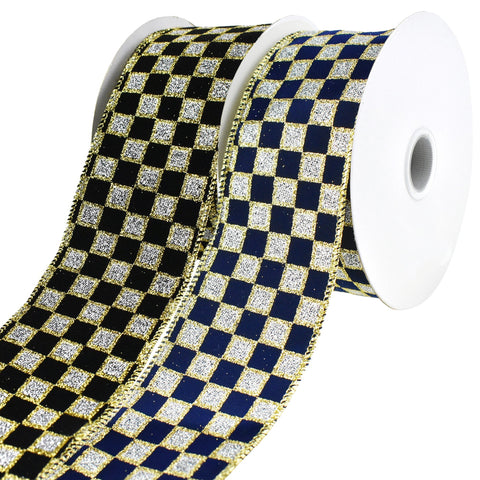 Glittered Checkered Board Wired Ribbon, 2-1/2-Inch, 10-Yard