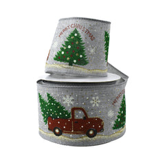 Glitter Red Truck With Christmas Trees Wired Ribbon, 2-1/2-Inch, 10-Yard