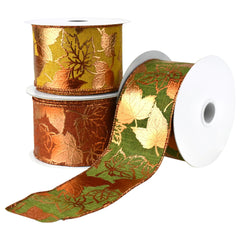 Embossed Metallic Autumn Leaves Wired Ribbon, 2-1/2-inch, 10-yard