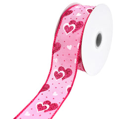 Valentine's Polka Dots Glittered Hearts Satin Wired Ribbon, 1-1/2-inch, 10-yard