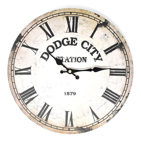 Distressed Dodge City Station Wall Clock, Beige, 11-3/4-Inch
